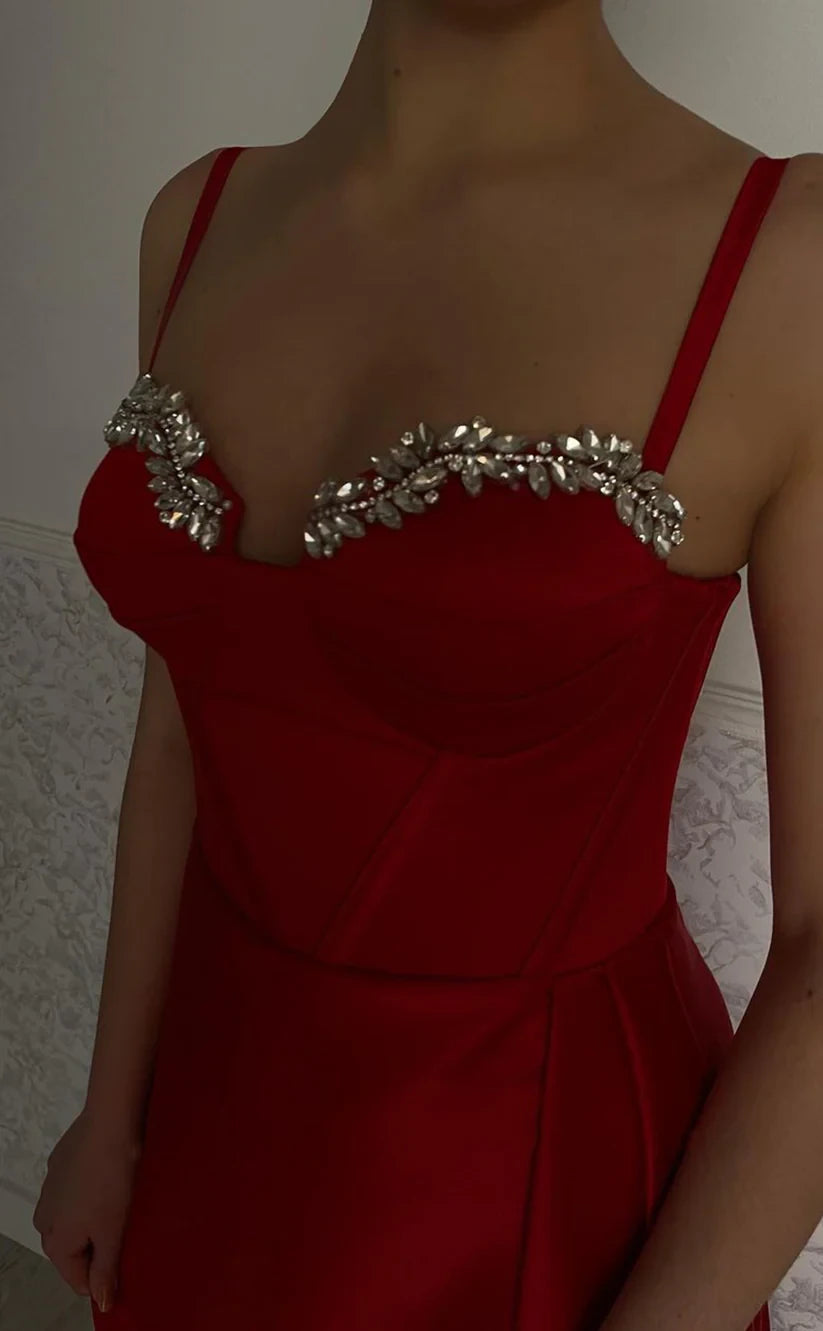 RP1787-Elegant Red Mermaid Spaghetti Beaded Sleeveless Satin Prom Evening Dresses Formal Party Gowns With Slit
