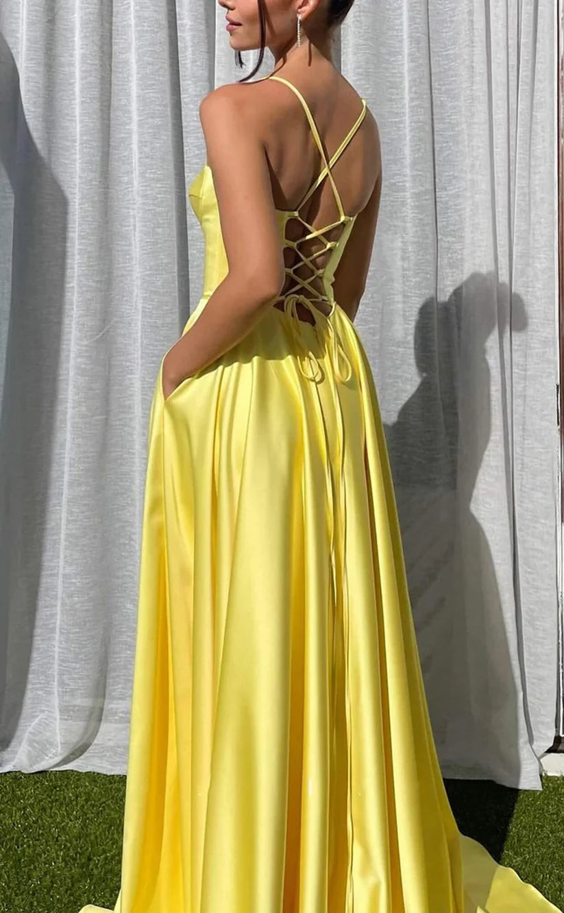 RP1801-Elegant Yellow A-Line Spaghetti Ruched Sleeveless Satin Prom Evening Dresses Formal Party Gowns With Slit