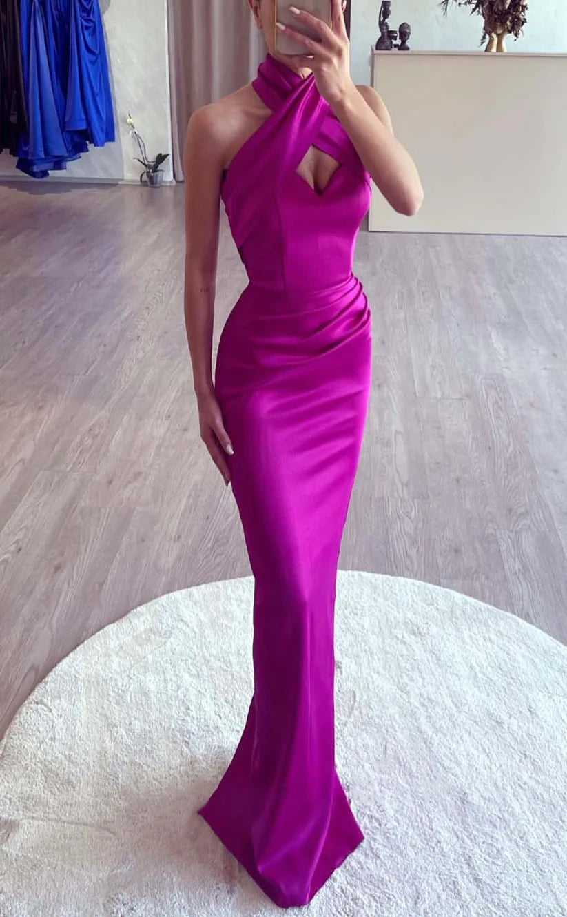 RP848-New Fuchsia Mermaid Halter Ruched Sleeveless Prom Evening Dresses Formal Party Gowns With Slit