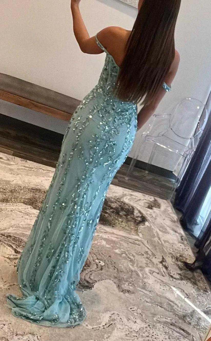 RP1822-Luxurious Sky Blue Mermaid Off-the-Shoulder Sequins Appliqued Sleeveless Tulle Prom Evening Dresses Formal Party Gowns With Slit