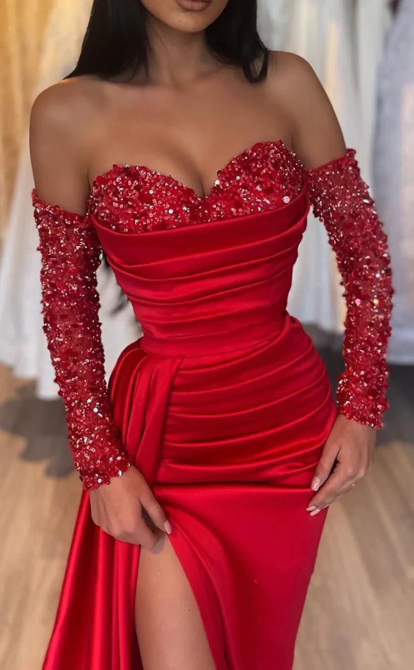 RP424-Elegant Red Mermaid Sweetheart Crystals Beads Ruched Long Sleeves Long Prom Evening Dresses Formal Party Gowns With Slit