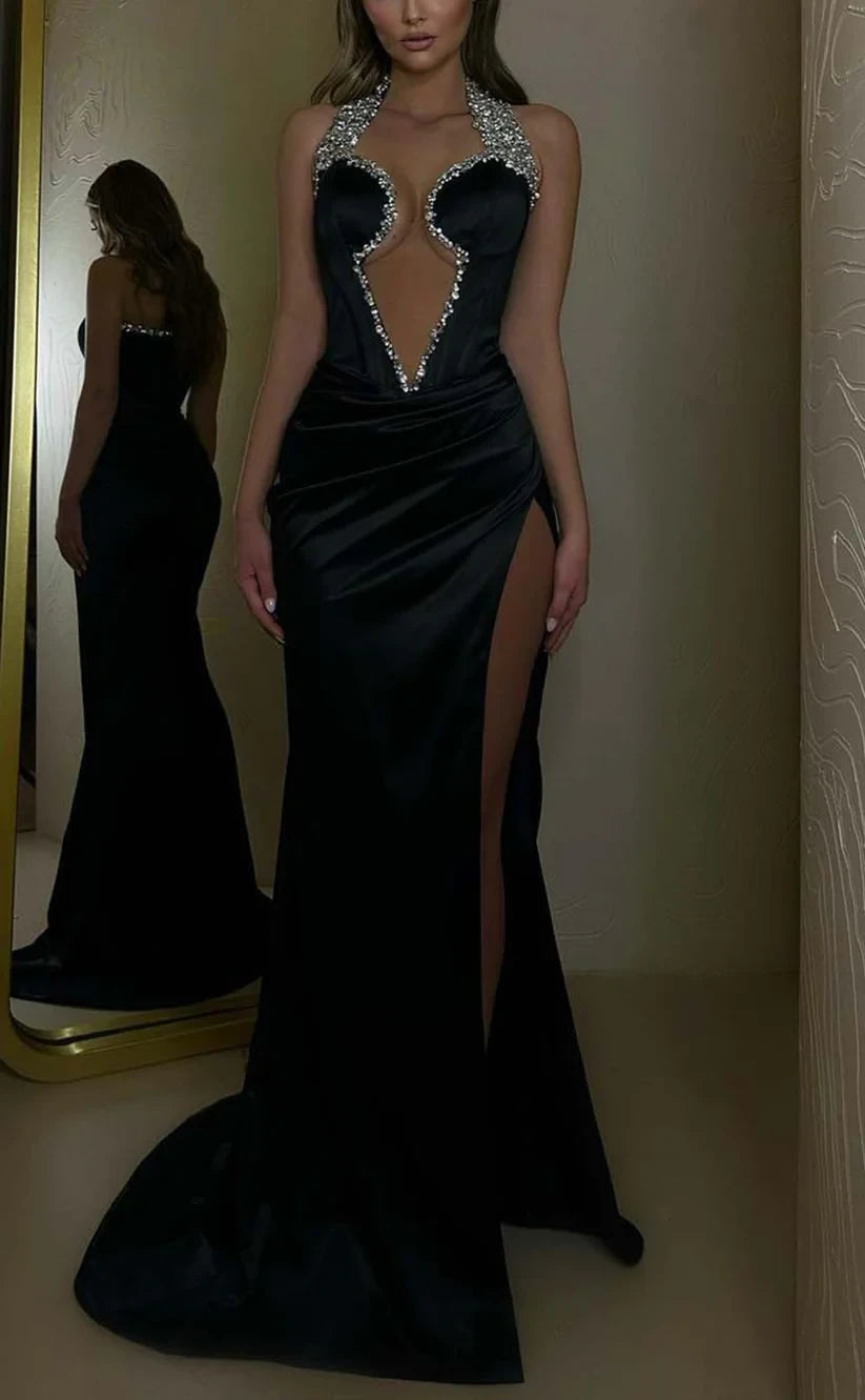 RP860-New Arrivals Mermaid Black Halter Ruched Beads Long Prom Evening Dresses Formal Party Gowns With Slit