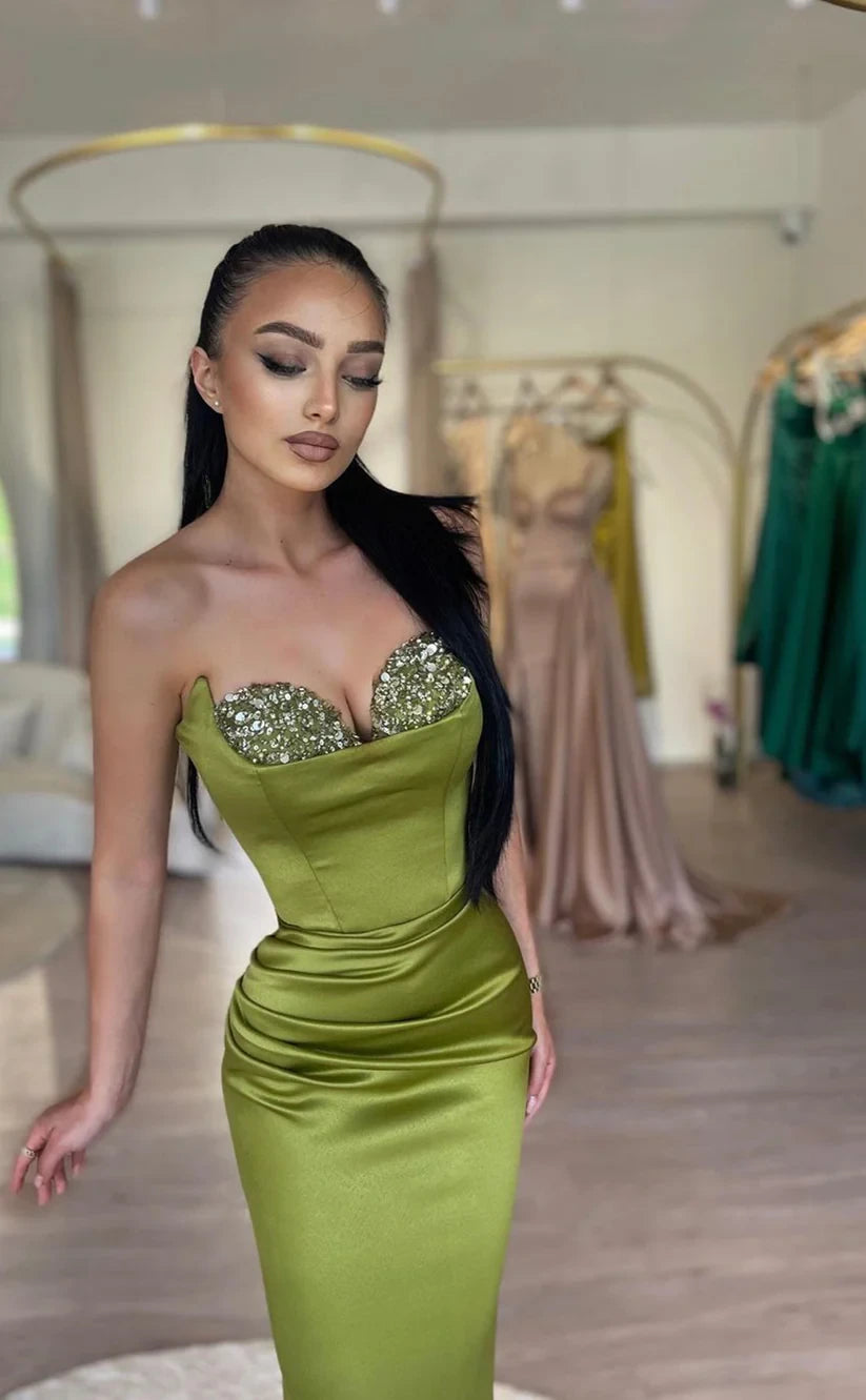 RP1817-Elegant Olive Mermaid Sweetheart Sequins Sleeveless Satin Prom Evening Dresses Formal Party Gowns With Slit