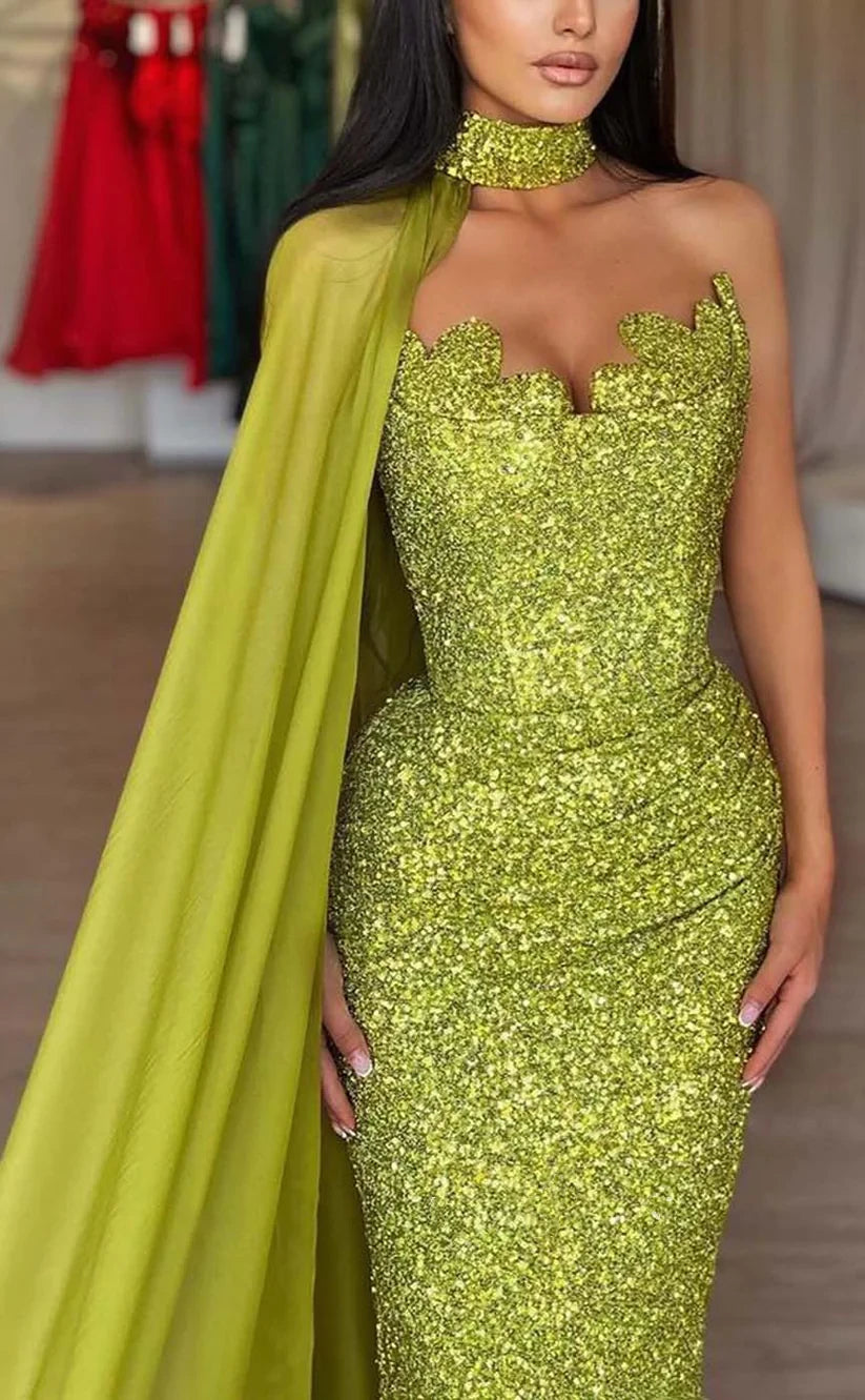 RP867-New Green Mermaid Sweetheart Sequins Long Prom Evening Dresses Formal Party Gowns With Wrap