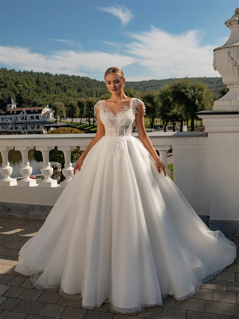Modern Ball Gown Wedding Dresses Sweetheart Appliqued Beads Cap Sleeves Tulle Court Train Satin Bridal Gowns Custom