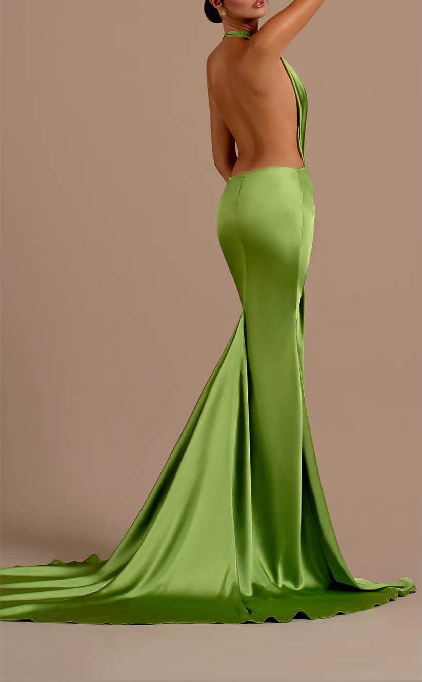RP877-New Green Mermaid Halter Ruched Sleeveless Prom Evening Dresses Formal Party Gowns