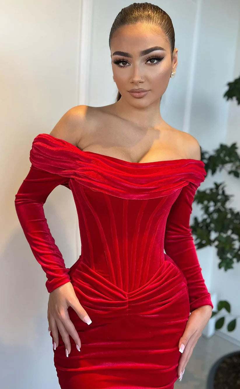 RP1849-Elegant Red Mermaid Off-the-Shoulder Ruched Long Sleeves Velvet Prom Evening Dresses Formal Party Gowns With Train