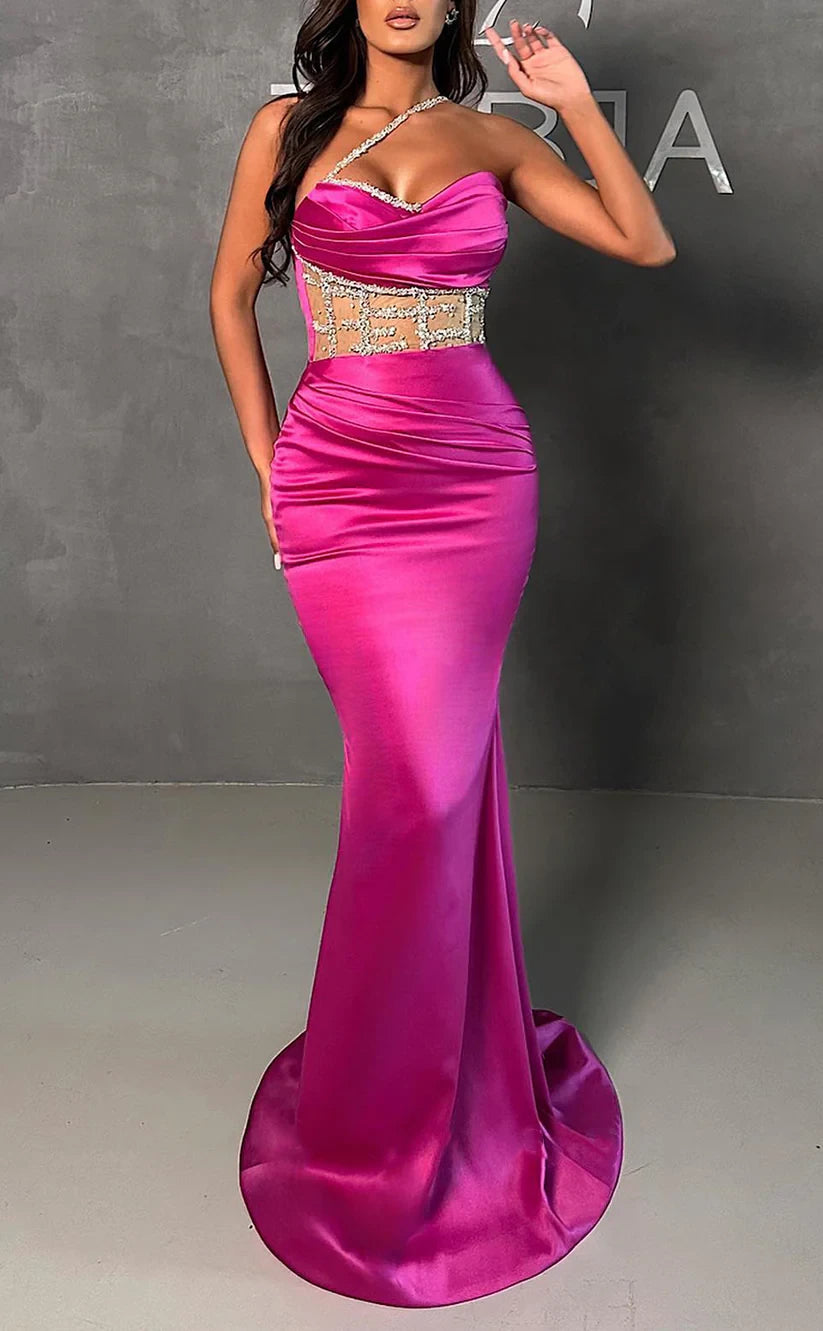 RP1839-Elegant Fuchsia Trumpet One Shoulder Beaded Ruched Sleeveless Satin Prom Evening Dresses Formal Party Gowns With Train