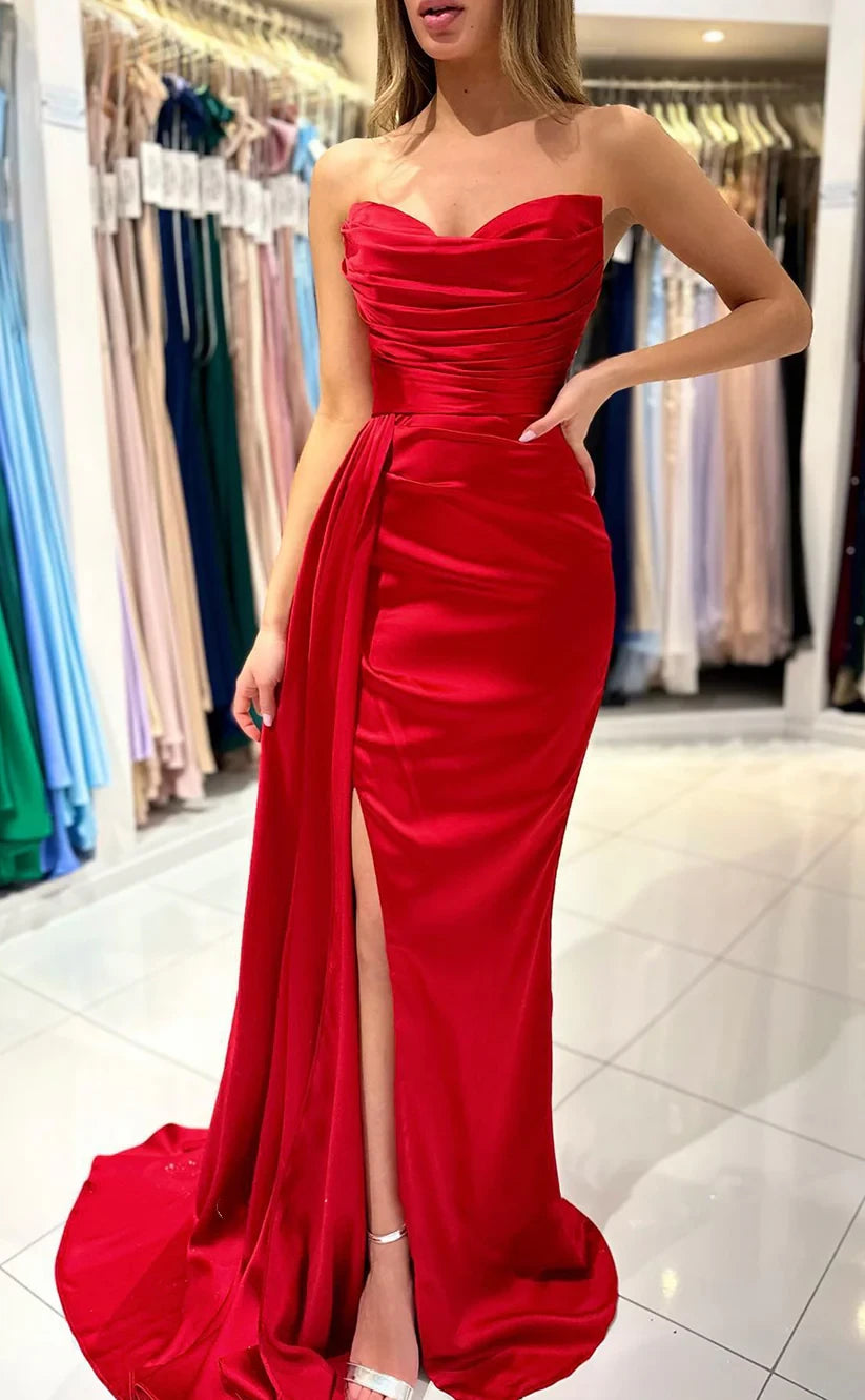 RP1834-Elegant Red Mermaid Sweetheart Ruched Sleeveless Satin Prom Evening Dresses Formal Party Gowns With Slit
