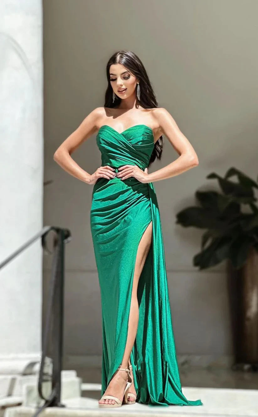 RP1832-Elegant Green Mermaid Sweetheart Ruched Sleeveless Satin Prom Evening Dresses Formal Party Gowns With Slit