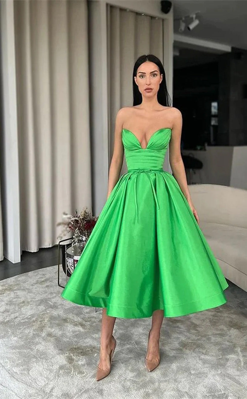 RP021-Green A-Line Sweetheart Sash Pleated Backless Tea Length Satin Prom Cocktail Dresses Formal Party Gowns With Belt