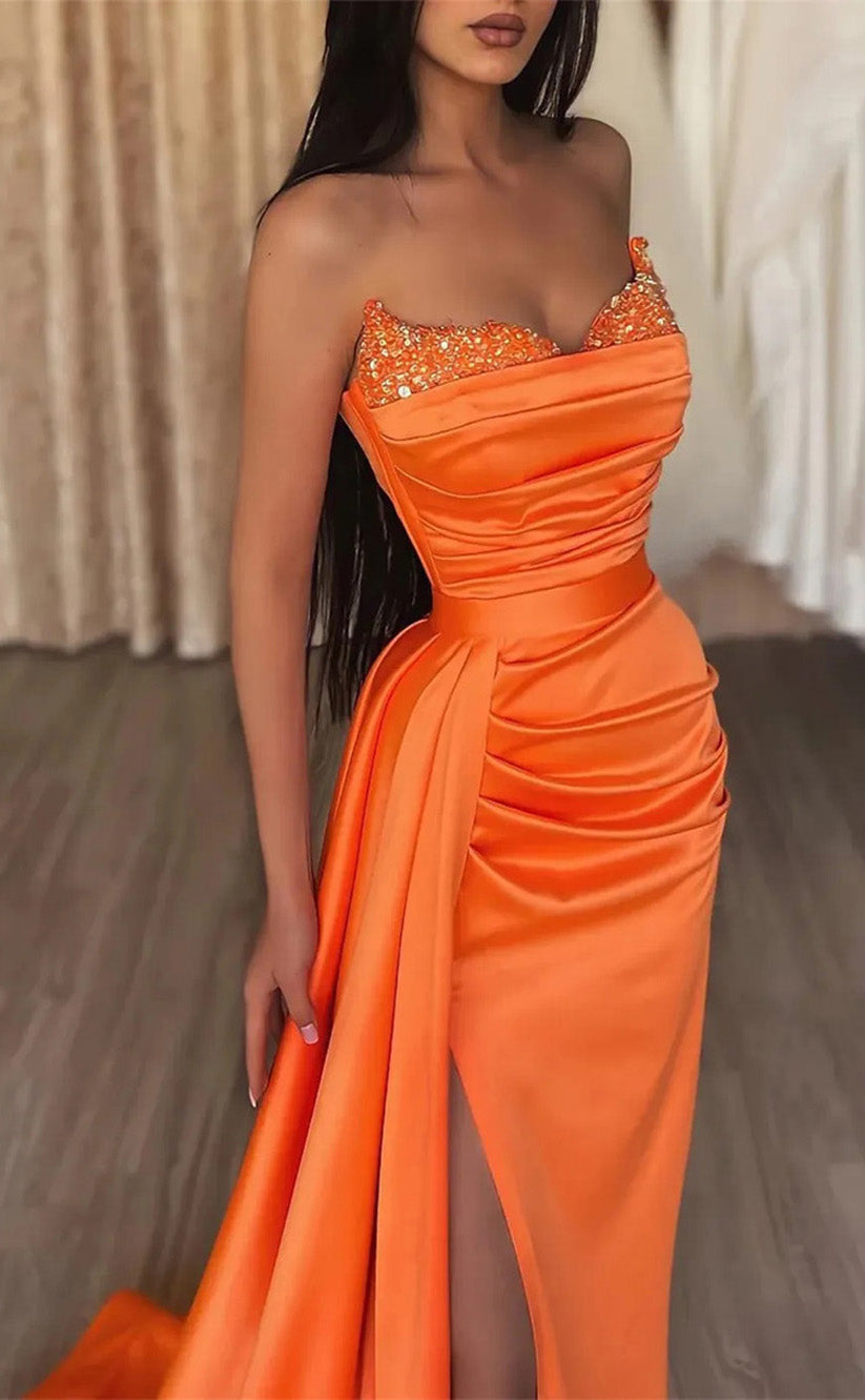RP076-Orange Mermaid Sweetheart Sleeveless Beaded Pleated High Side Slit Court Train Satin Prom Dresses Formal Party Evening Gowns