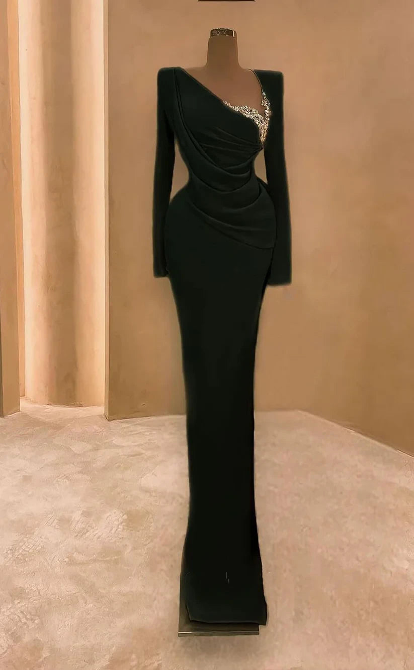 RP1972-Gorgeous Black Mermaid V-Neck Pleated Beaded Long Sleeves Prom Evening Dresses Formal Party Gowns