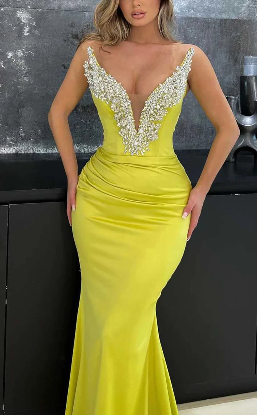 RP895-New Yellow Mermaid V-Neck Crystals Sleeveless Long Prom Evening Dresses Formal Party Gowns