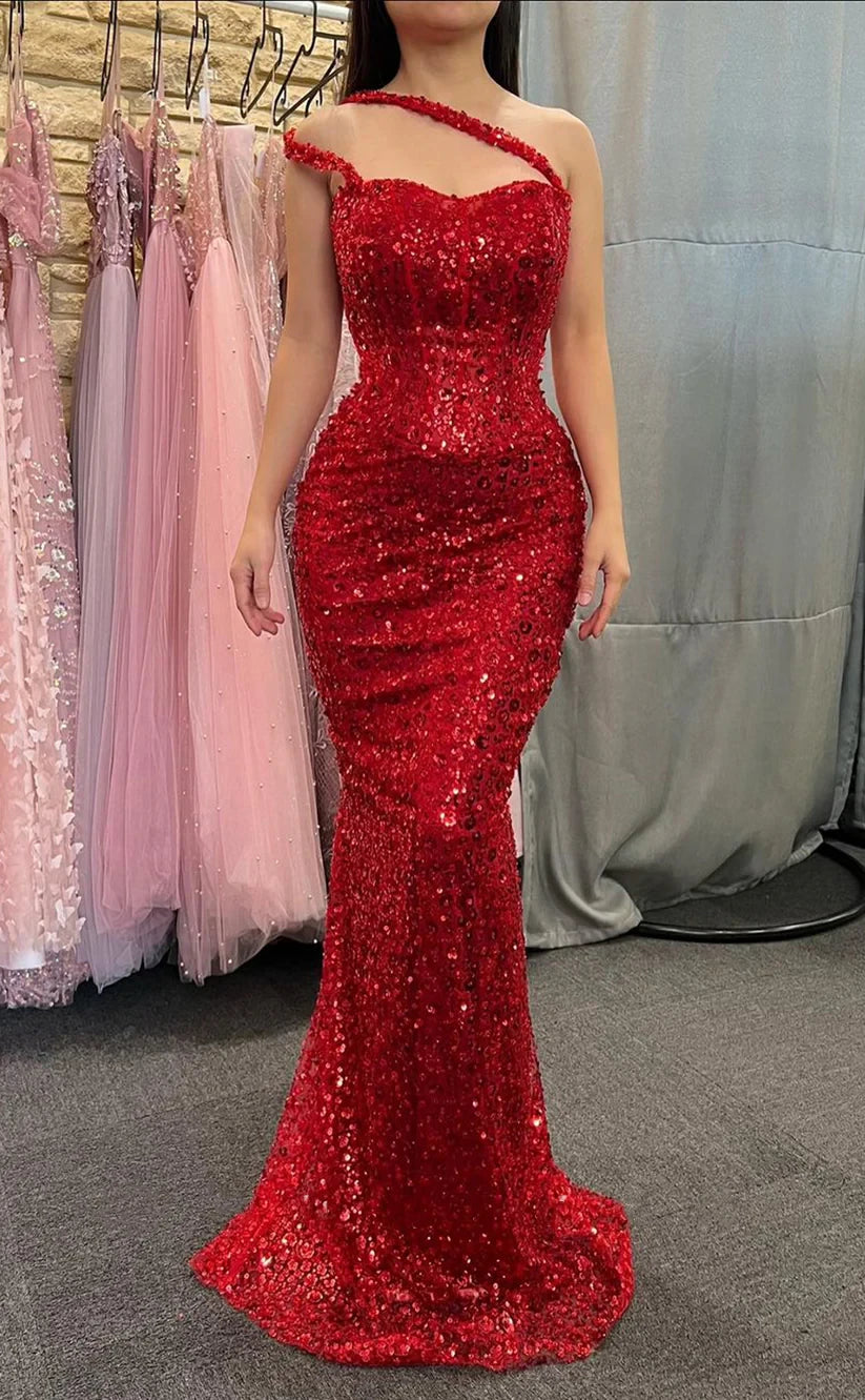RP1973-Saprkling Red Mermaid One Shoulder Beaded Sequins Sleeveless Prom Evening Dresses Formal Party Gowns With Train