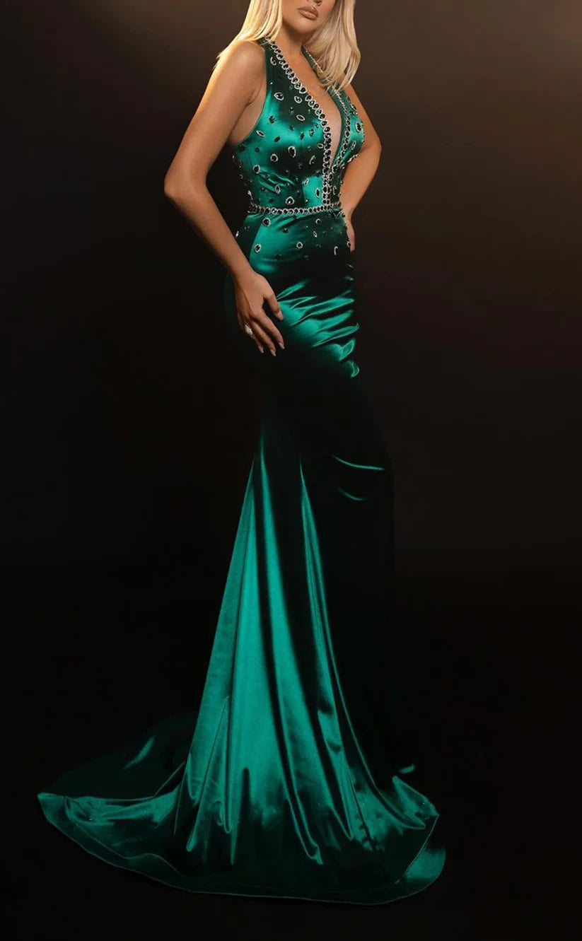 RP1977-Gorgeous Green Mermaid V-Neck Crystals Sleeveless Satin Prom Evening Dresses Formal Party Gowns With Train