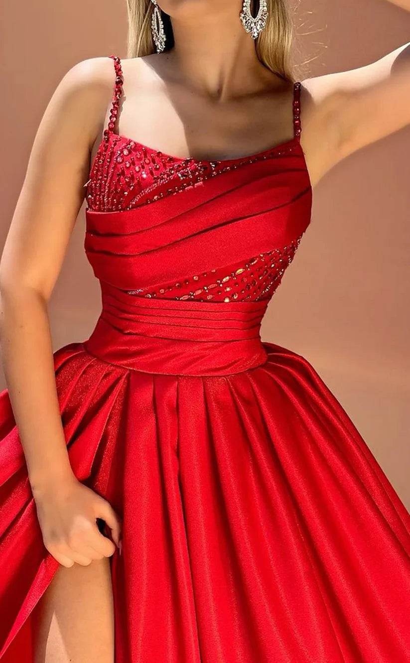 RP978-New Red A-Line Spaghetti Ruched Crystals Sleeveless Prom Evening Dresses Formal Party Gowns With Slit