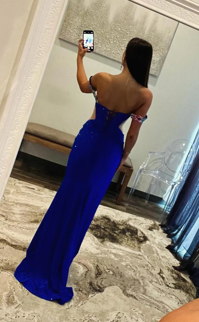RP2002-Unique Royal Blue Mermaid Off-the-Shoulder Beaded Appliqued Sleeveless Satin Prom Evening Dresses Formal Party Gowns With Slit