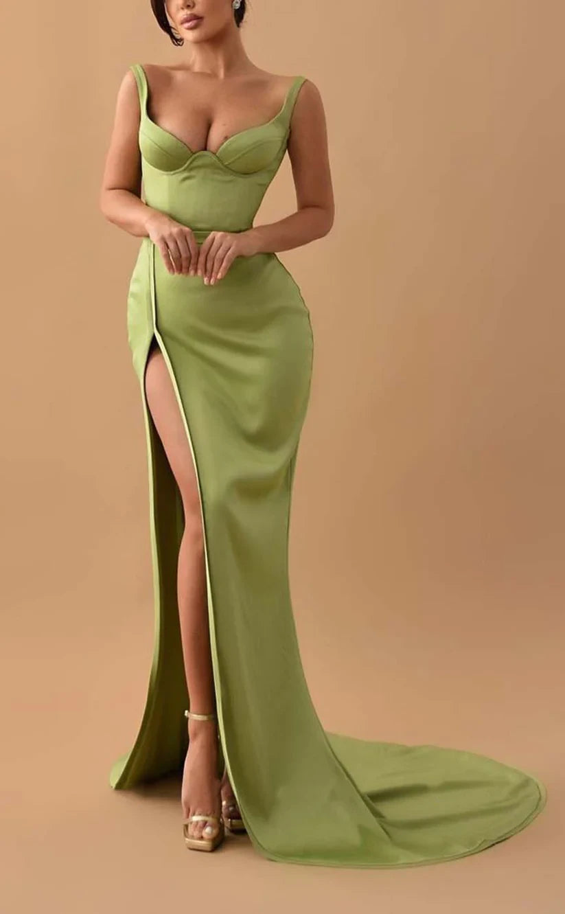 RP979-Elegant Green Mermaid Spaghetti Ruched Sleeveless Prom Evening Dresses Formal Party Gowns With Slit