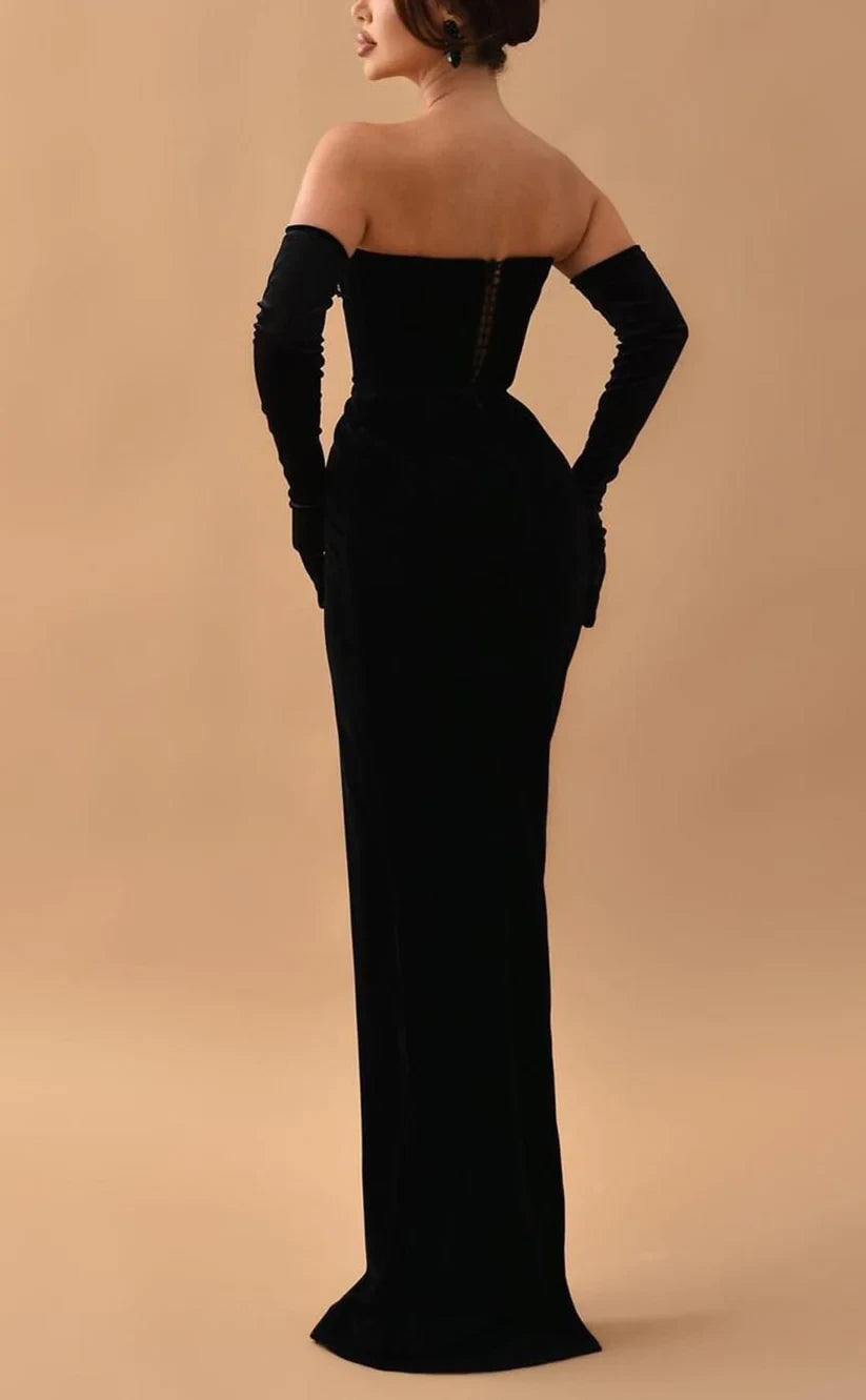 RP982-Unique Black Mermaid Sweetheart Pleated Appliqued Long Sleeves Velvet Prom Evening Dresses Formal Party Gowns With Slit