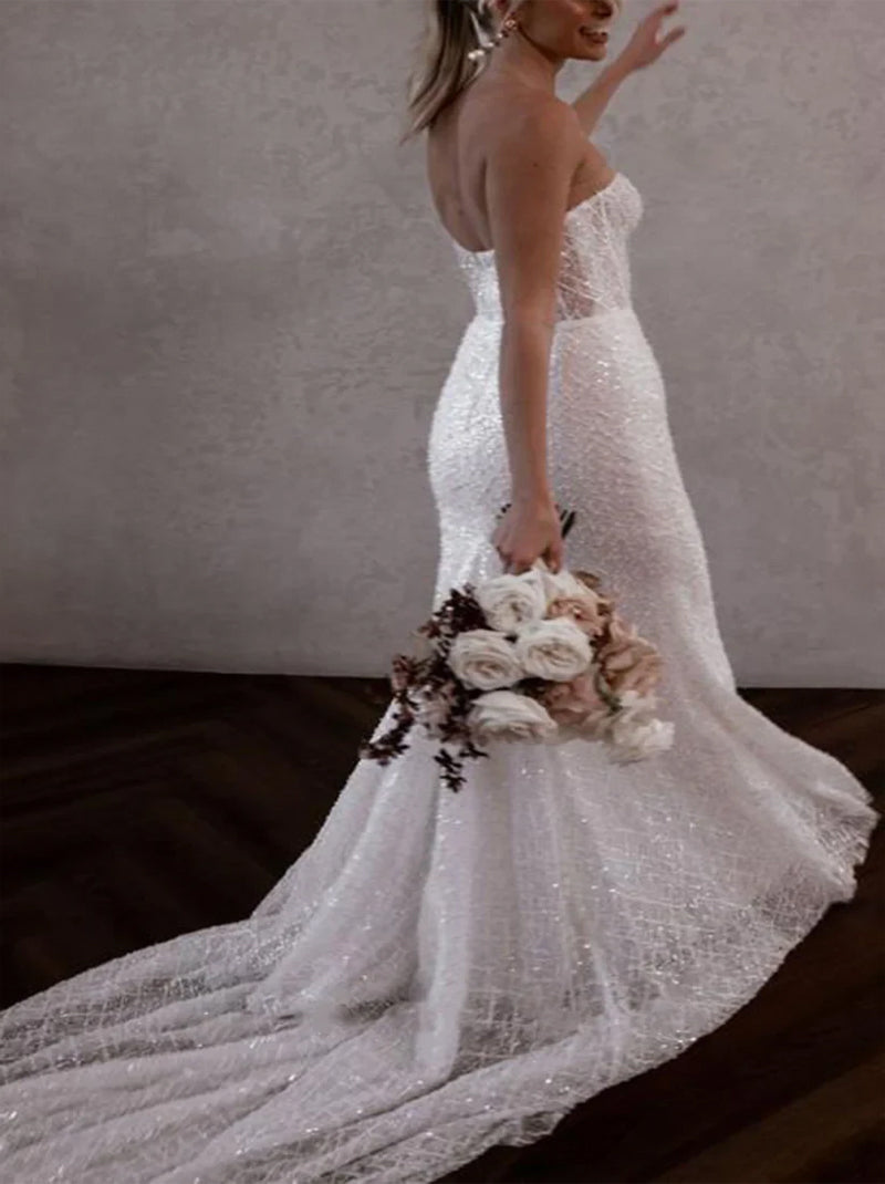 Gorgeous & Sparkling Mermaid Wedding Dresses One Shoulder Sequins Tulle Sweep Train Bridal Gowns Custom Made