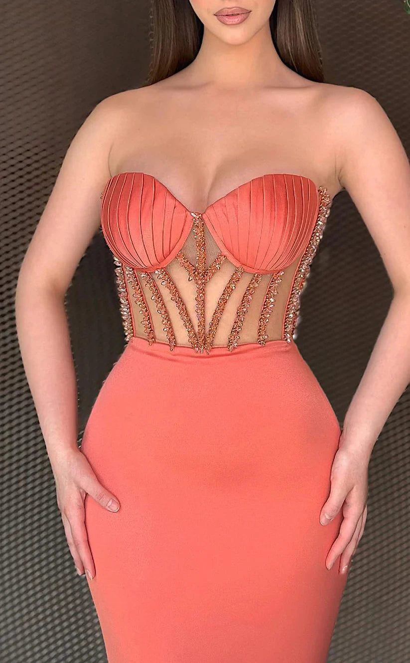 RP1935-Modern Watermelon Mermaid Sweetheart Beaded Pleated Sleeveless Satin Long Prom Evening Dresses Formal Party Gowns