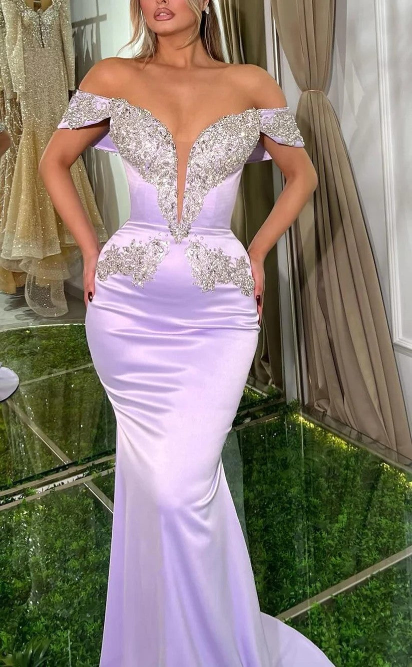 RP948-Gorgeous Lavender Mermaid Off-the-Shoulder Beads Cap Sleeves Long Prom Evening Dresses Formal Party Gowns