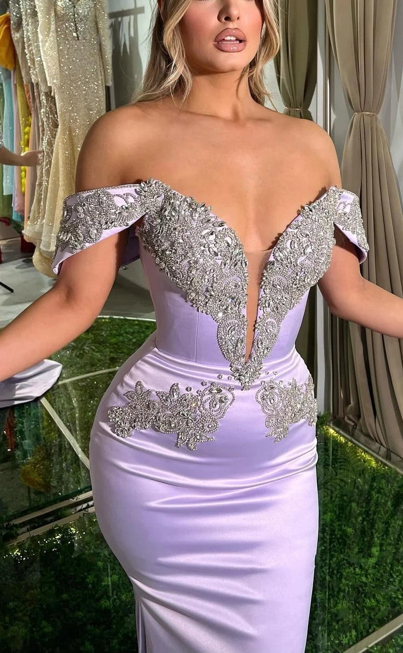 RP948-Gorgeous Lavender Mermaid Off-the-Shoulder Beads Cap Sleeves Long Prom Evening Dresses Formal Party Gowns