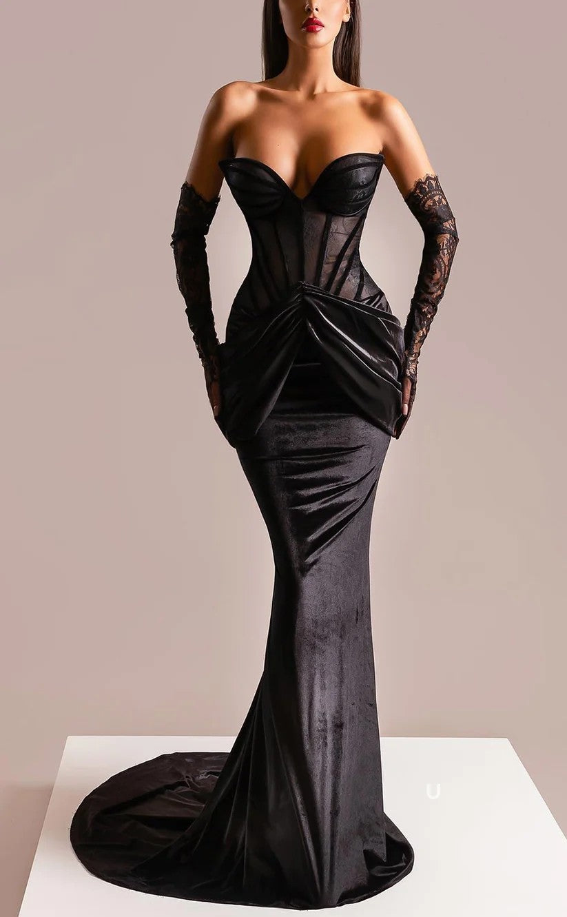 RP949-Sexy Black Mermaid Sweetheart Pleated Long Sleeves Prom Evening Dresses Formal Party Gowns