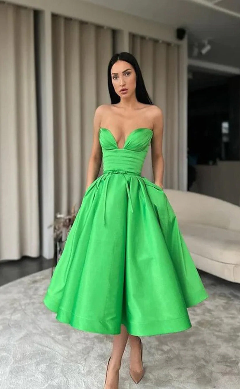 RP021-Green A-Line Sweetheart Sash Pleated Backless Tea Length Satin Prom Cocktail Dresses Formal Party Gowns With Belt