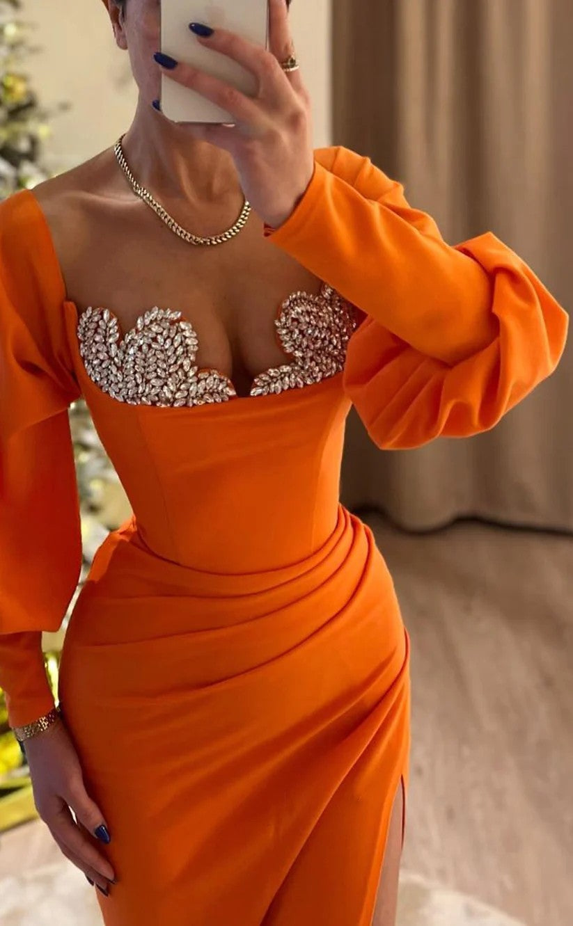 RP952-Gorgeous Orange Mermaid Off-the-Shoulder Crystals Long Sleeves Prom Evening Dresses Formal Party Gowns With Slit