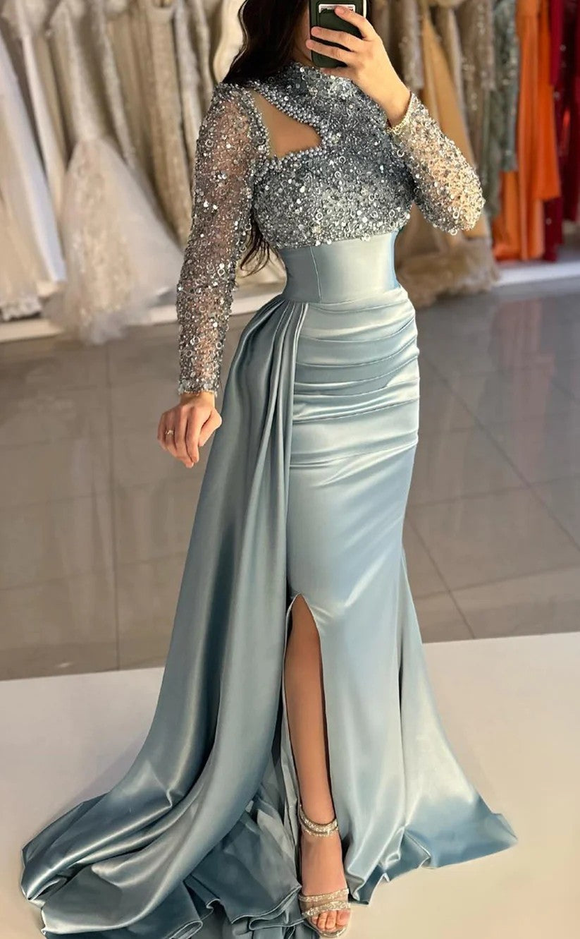 RP957-Elegant Mermaid High Neck Sequins Beads Long Sleeves Prom Evening Dresses Formal Party Gowns With Slit