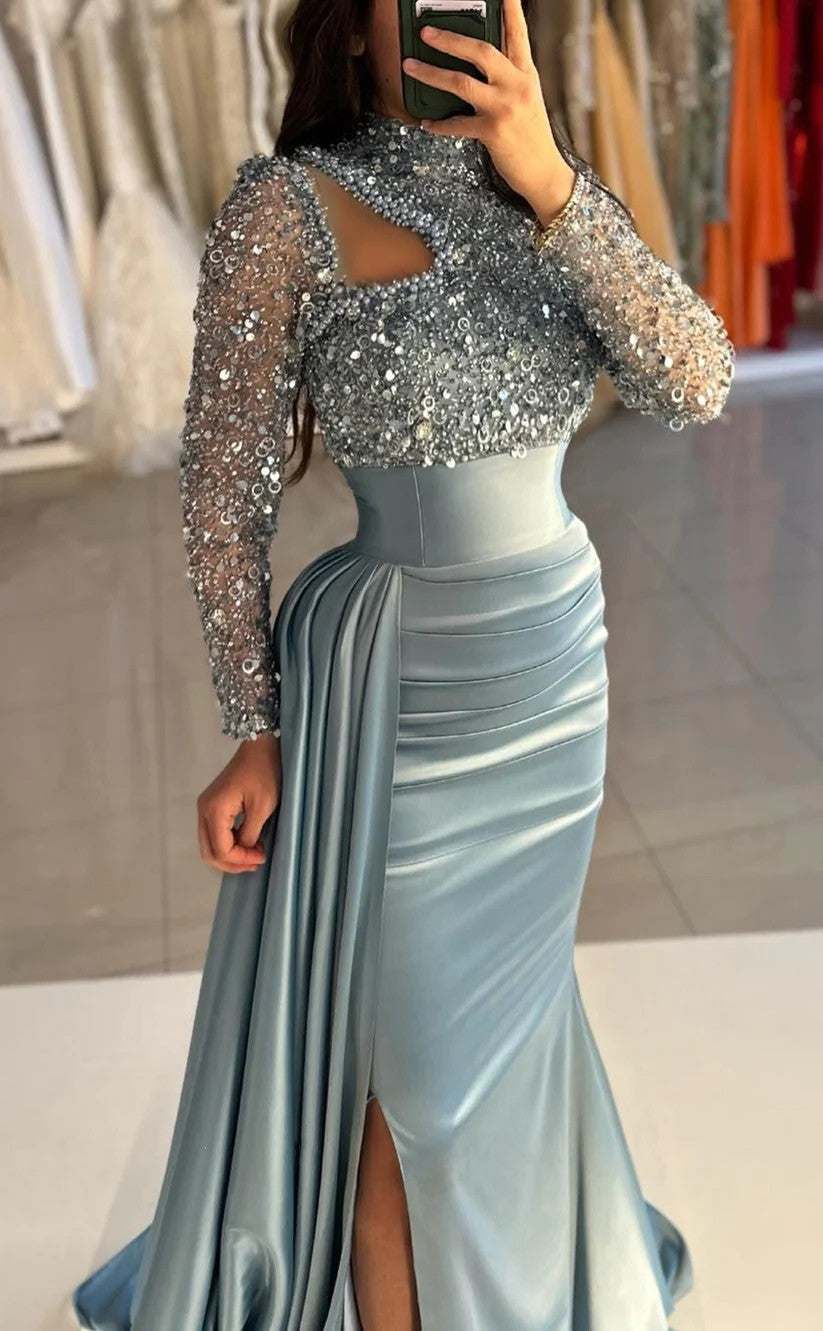 RP957-Elegant Mermaid High Neck Sequins Beads Long Sleeves Prom Evening Dresses Formal Party Gowns With Slit