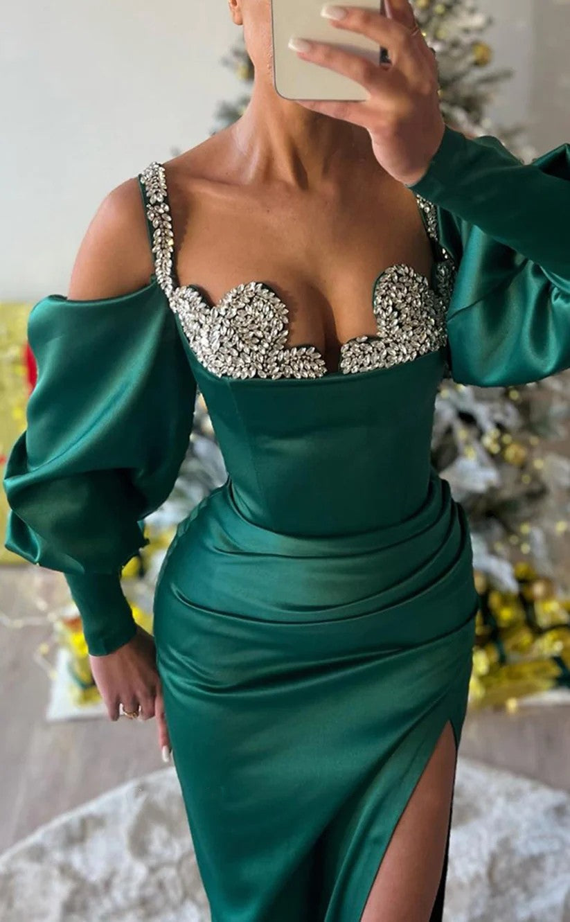 RP961-Gorgeous Green Mermaid Spaghetti Crystals Long Sleeves Prom Evening Dresses Formal Party Gowns With Slit