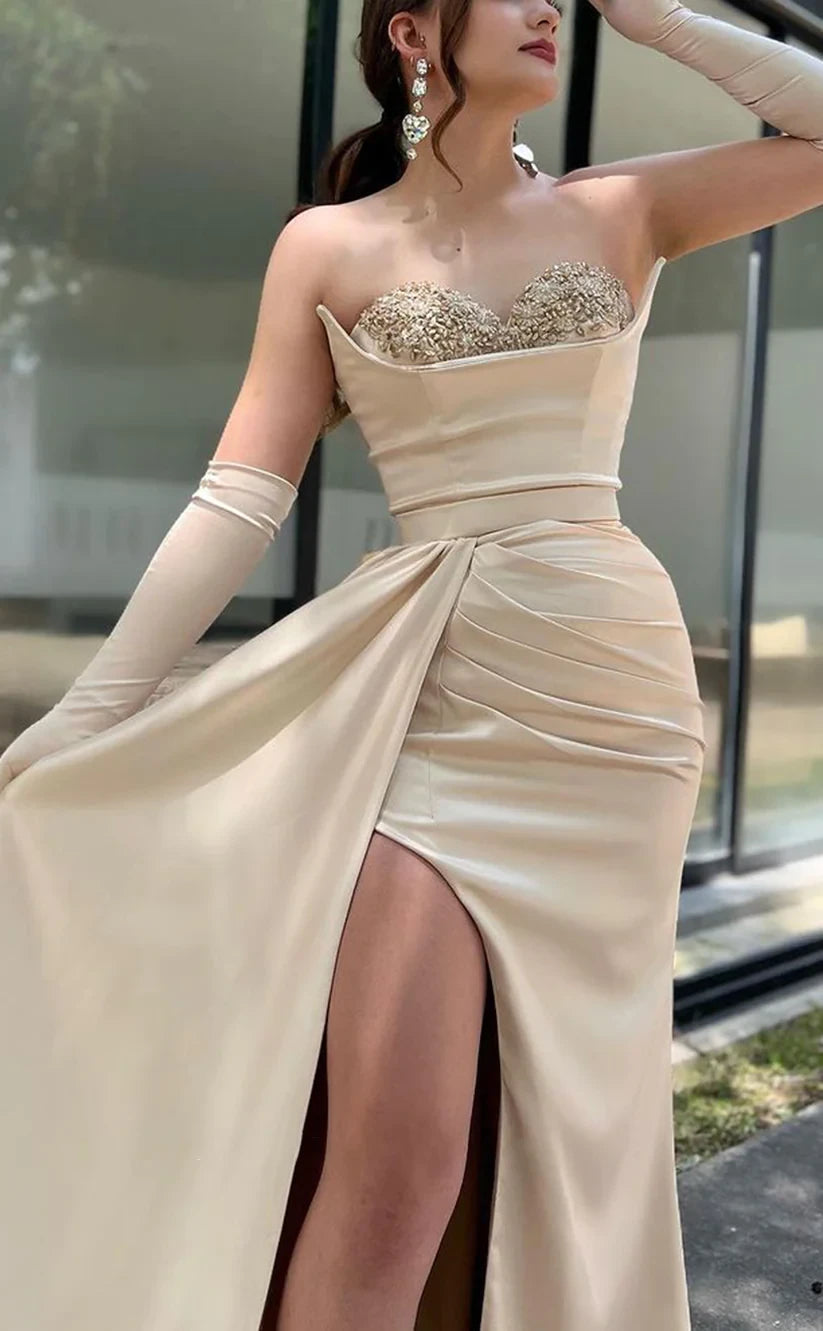 RP437-Elegant Mermaid Sweetheart Sequins Beads Ruched Long Sleeves Long Prom Evening Dresses Formal Party Gowns With Slit