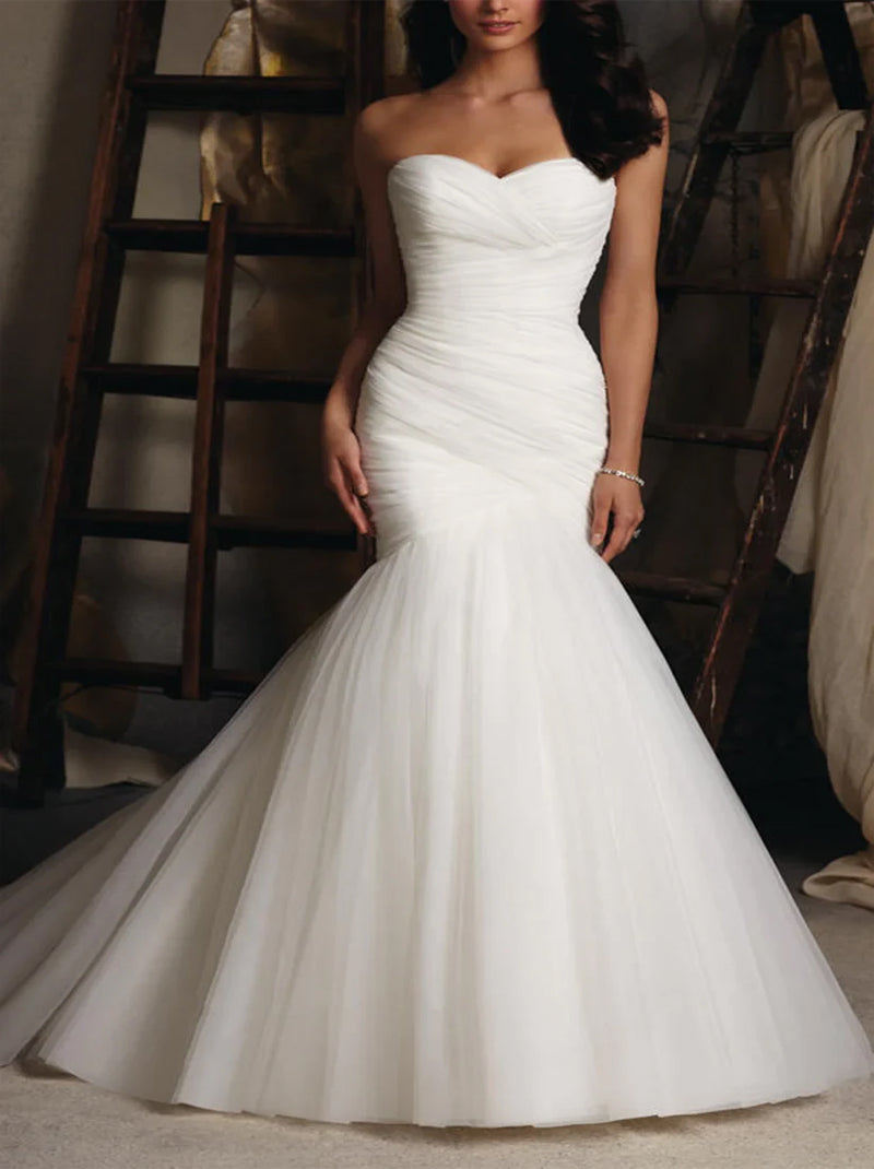 Simple Mermaid Wedding Dresses Sweetheart Pleated Tulle Sweep Train Bridal Gowns Custom Made