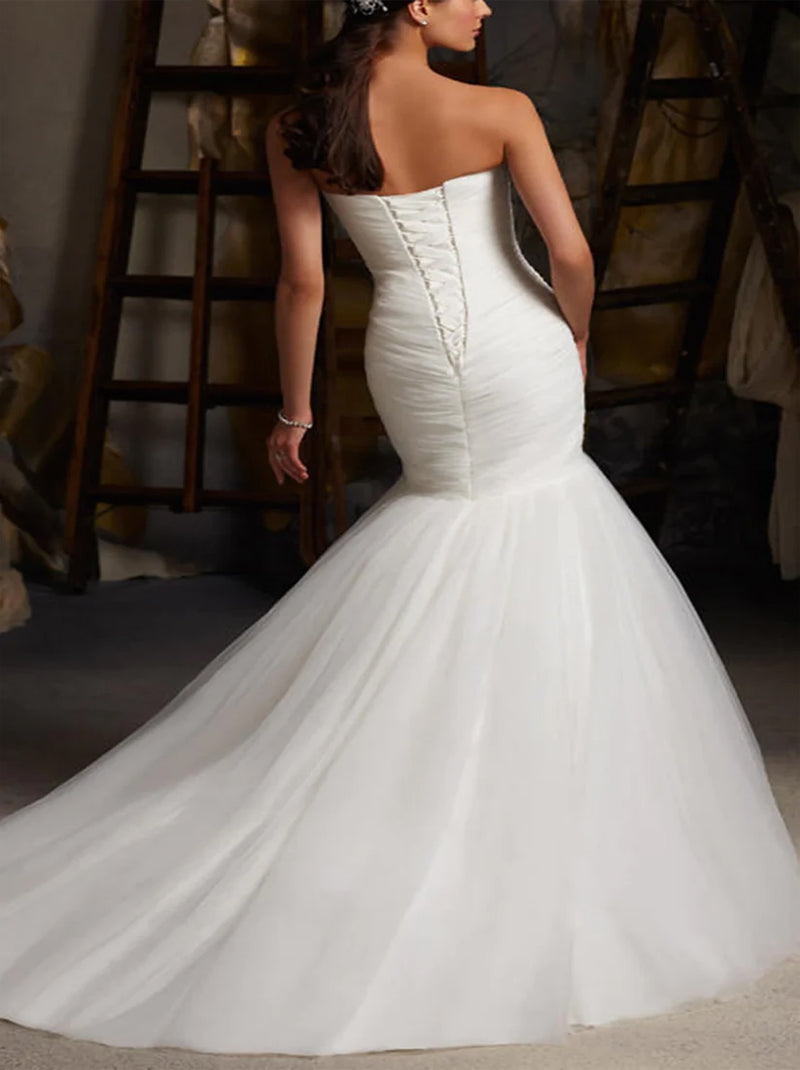 Simple Mermaid Wedding Dresses Sweetheart Pleated Tulle Sweep Train Bridal Gowns Custom Made