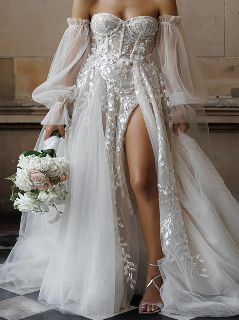 Modern A-Line Beach Wedding Dresses Sweetheart Appliqued Detachable Long Sleeves Tulle Sweep Train Bridal Gowns With Slit