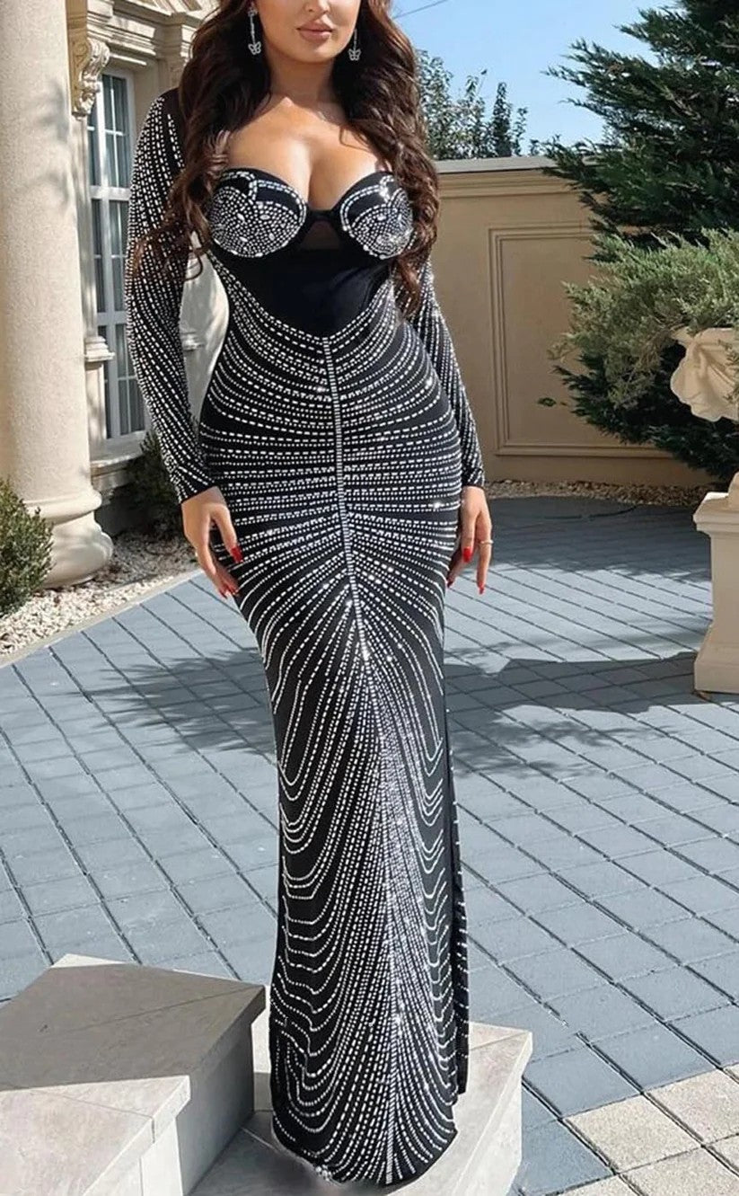 RP1011-Sparkling Black Mermaid Sweetheart Sequins Beads Long Sleeves Prom Evening Dresses Formal Party Gowns