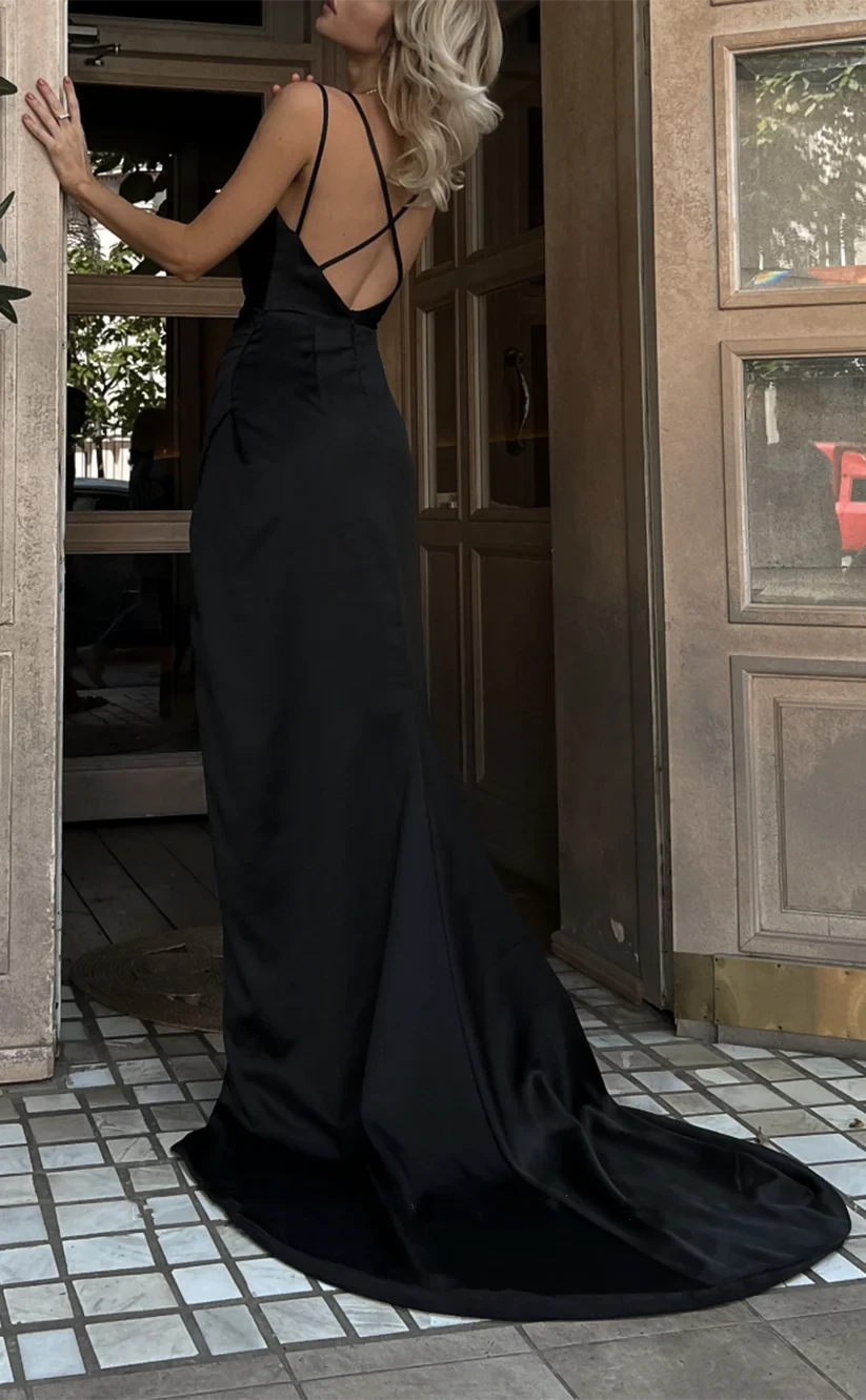 RP1923-New Black Mermaid Spaghetti Pleated Sleeveless Prom Evening Dresses Formal Party Gowns With Slit