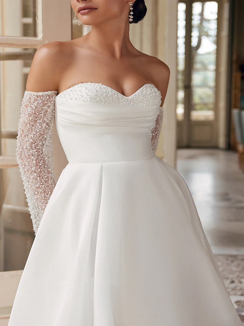 Simple A-Line Wedding Dresses Sweetheart Pleated Beads Long Sleeves Organza Sweep Train Bridal Gowns Custom Made