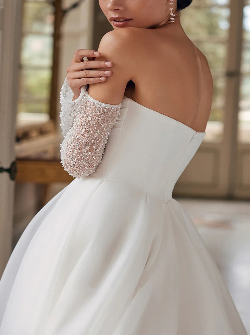 Simple A-Line Wedding Dresses Sweetheart Pleated Beads Long Sleeves Organza Sweep Train Bridal Gowns Custom Made