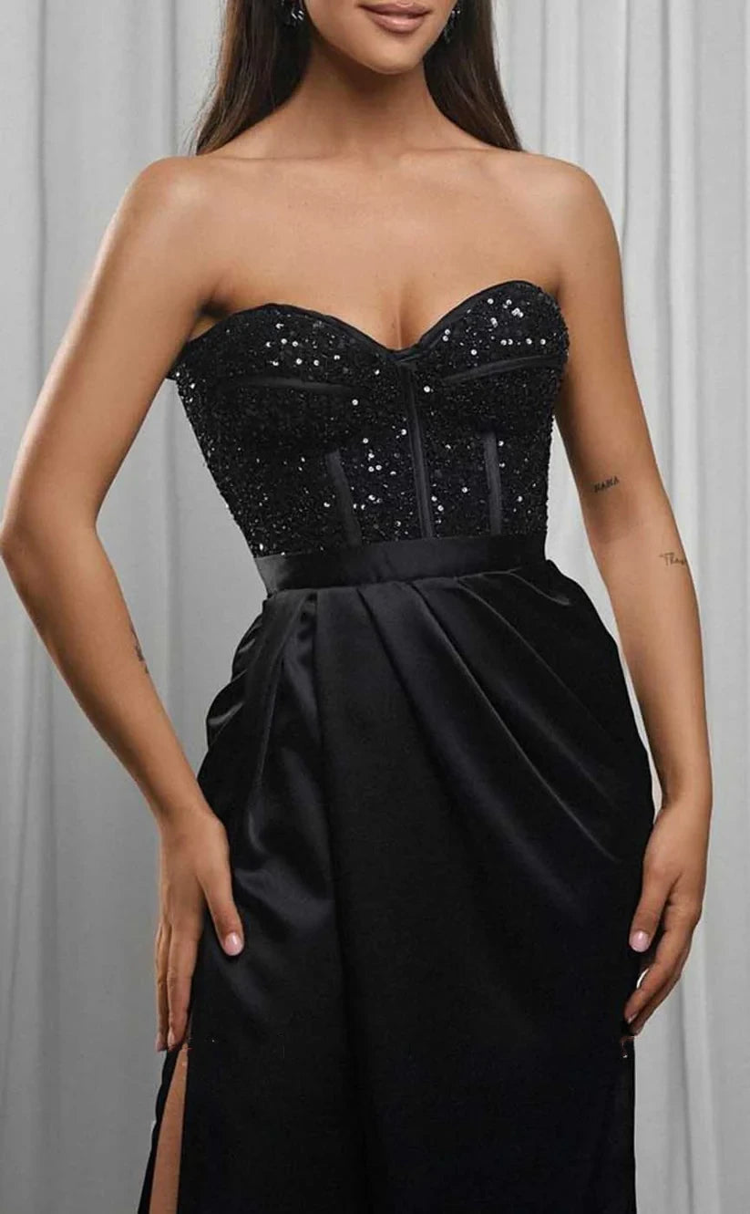 RP1909-New Black Mermaid Sweetheart Ruched Sequins Sleeveless Satin Prom Evening Dresses Formal Party Gowns With Slit