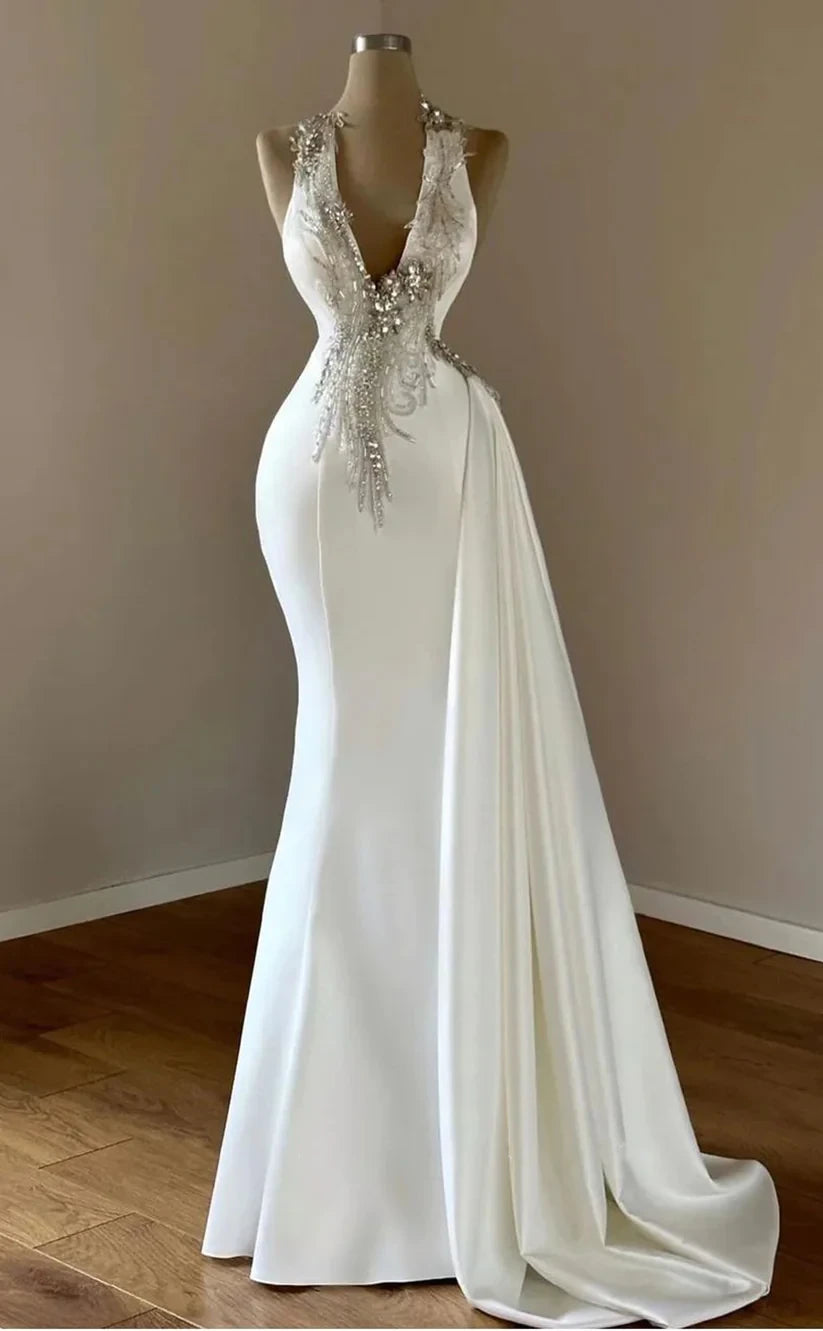 RP1033-Elegant White Mermaid Halter Beads Crystals Sleeveless Long Prom Evening Dresses Formal Party Gowns With Train