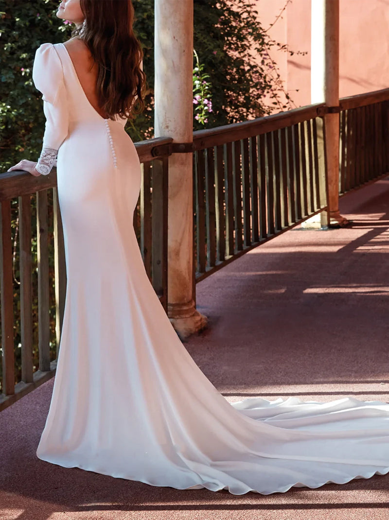 Simple Mermaid Wedding Dresses V-Neck Appliqued Satin Sweep Train Bridal Gowns Custom Made