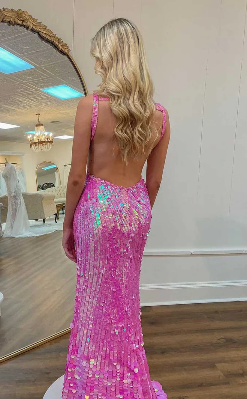 RP1028-Sparkling Pink Mermaid V-Neck Sequins Beads Sleeveless Long Prom Evening Dresses Formal Party Gowns With Slit
