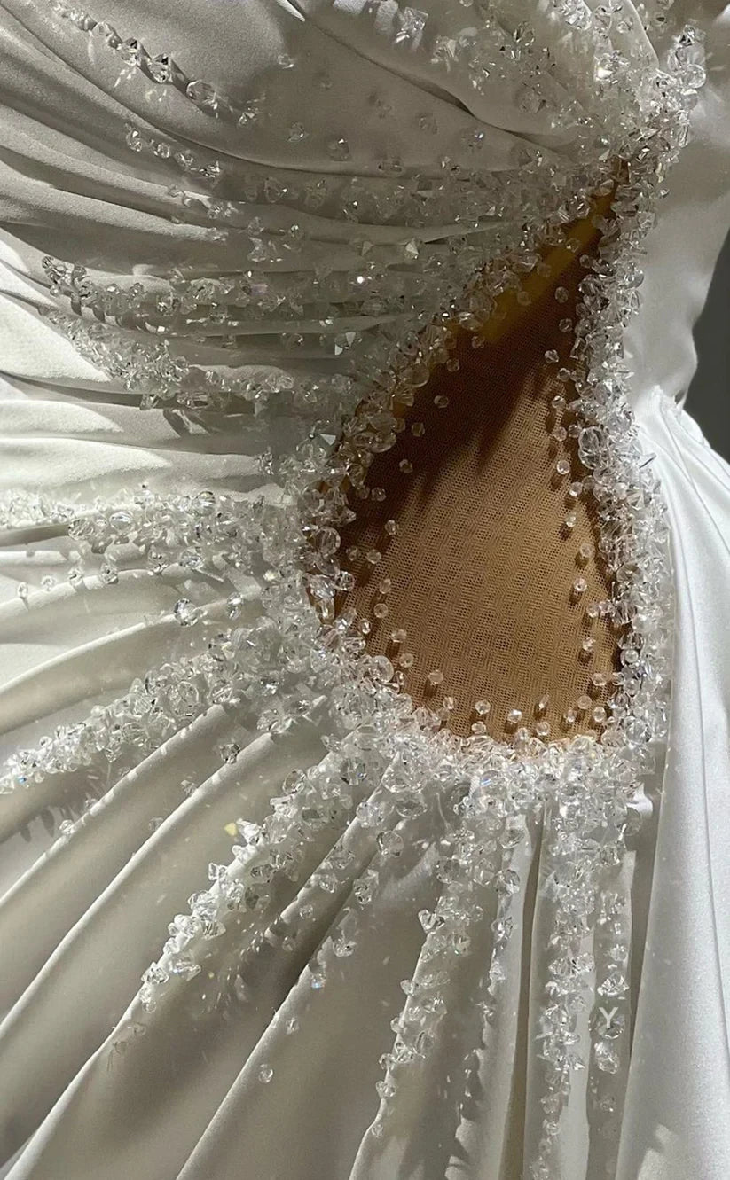 RP1902-Elegant White Mermaid Strapless Sequins Pleated Sleeveless Satin Long Prom Evening Dresses Formal Party Gowns With Cut-out