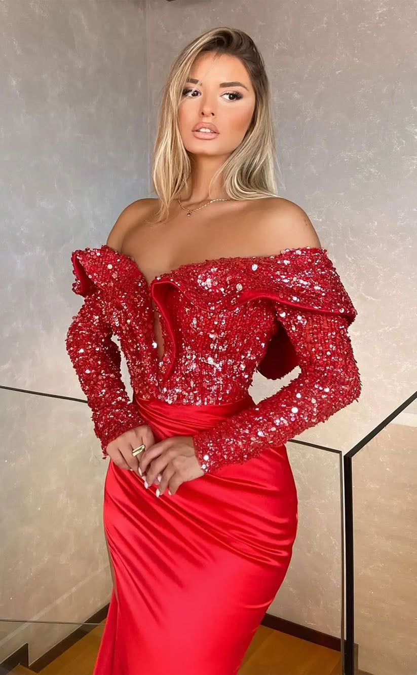 RP2022-Gorgeous Red Mermaid Off-the-Shoulder Sequins Long Sleeves Satin Prom Evening Dresses Formal Party Gowns With Slit