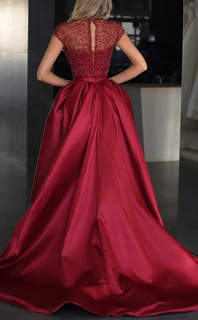 RP1054-Gorgeous A-Line High Neck Beads Sequins Cap Sleeves Long Prom Evening Dresses Formal Party Gowns With Slit