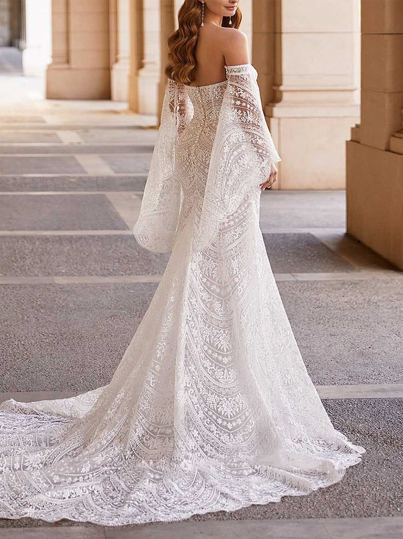 Simple Mermaid Wedding Dresses Sweetheart Puffy Sleeves Lace Sweep Train Bridal Gowns Custom